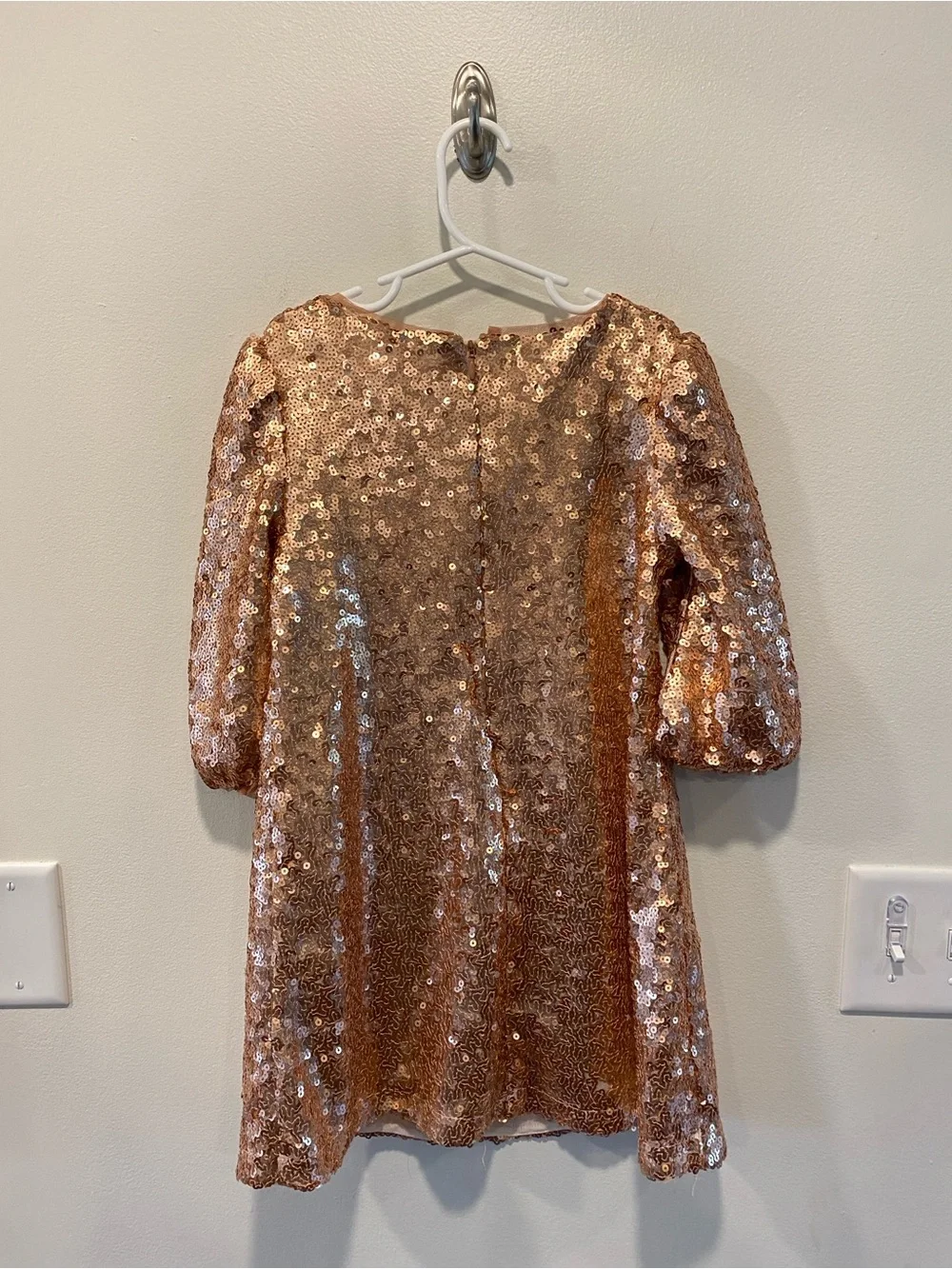 Gap Kids rose gold sequin shift dress short balloon sleeves size small 6-7 party